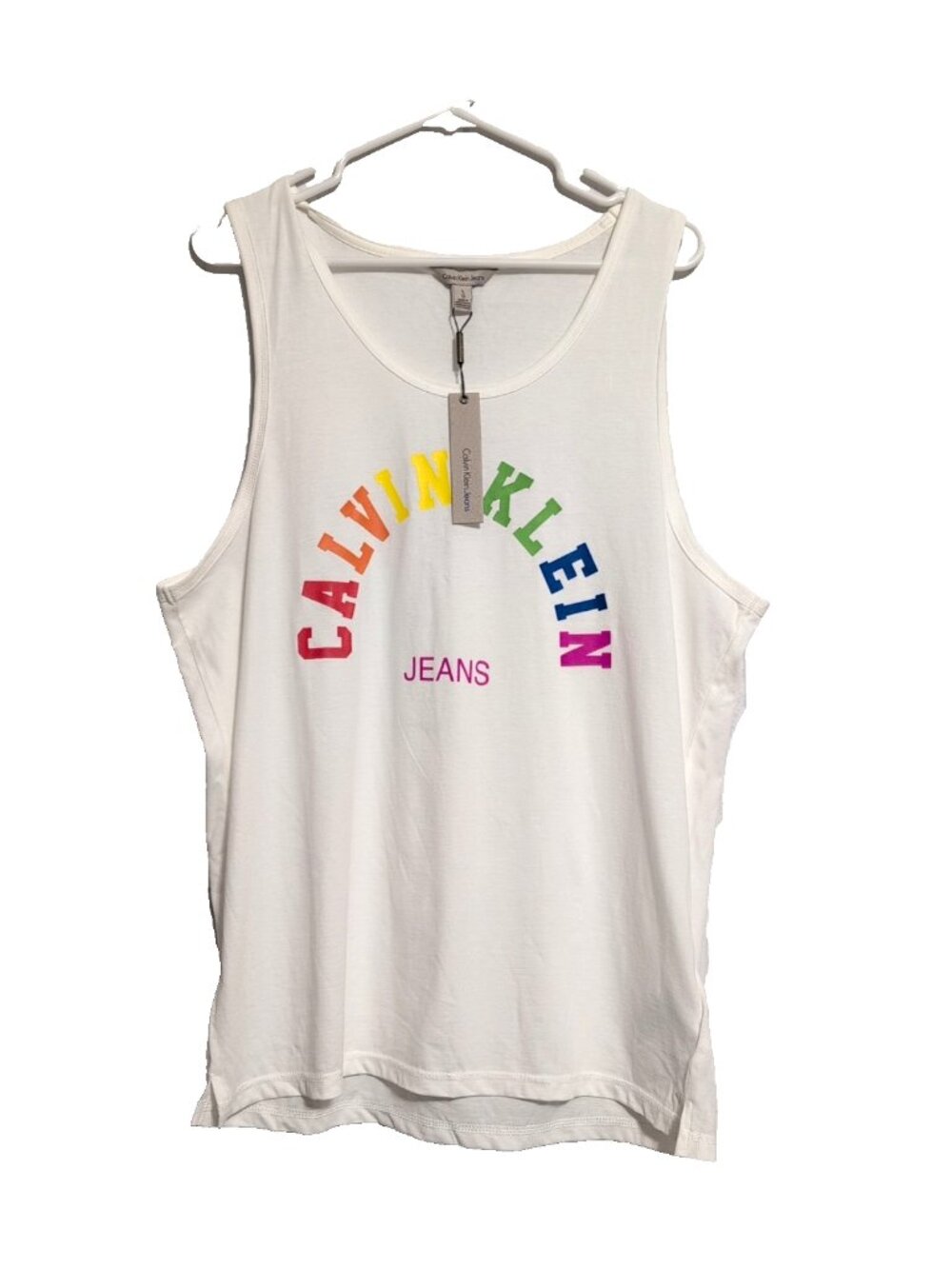 NEW Calvin Klein Men's Pride Tank Top sz L White w/ Rainbow Logo *Tiny 1mm spot